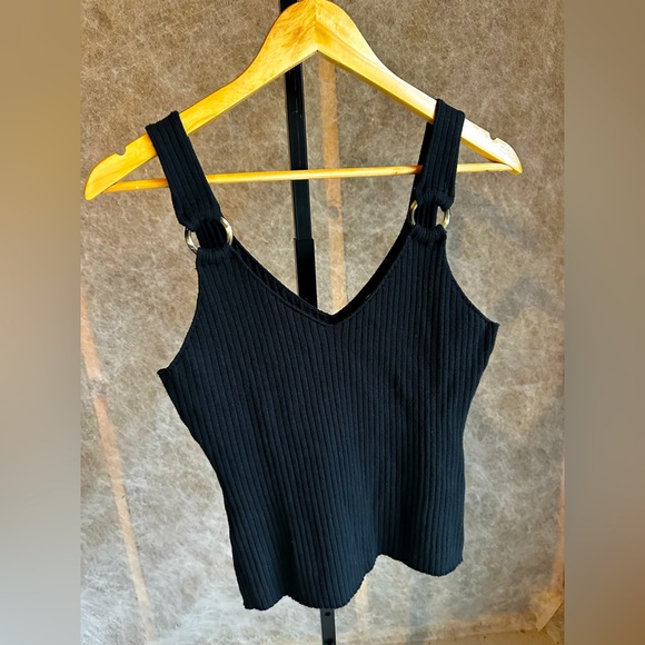 Y2K Style Ann Taylor Factory Black Tank Top with Tortoise accent Rings size M - Picture 1 of 11